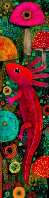 Free printable axolotl bookmark featuring mushrooms and bright red axolotl